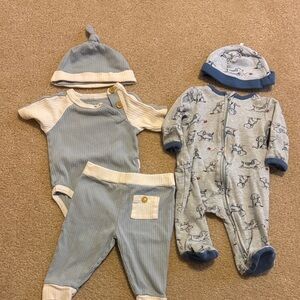 Baby Blue Baby Tahari Ribbed 3-Piece Set and Little Me blue puppy footie